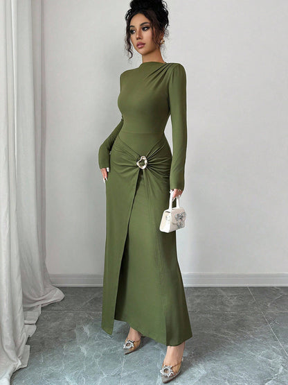 Women's Long Sleeve Bodycon Maxi Dress Knit Ring Detail