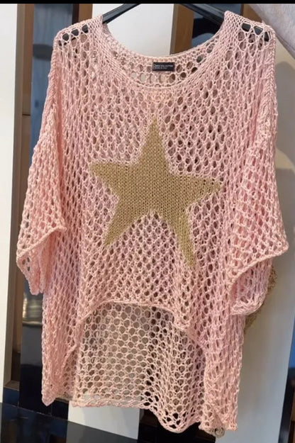 Women's Star Crochet Sweater 3/4 Sleeve Lightweight Top