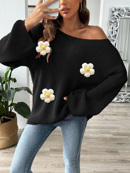 Women's One-word Collar Off-the-shoulder Horn Sleeve Sweater