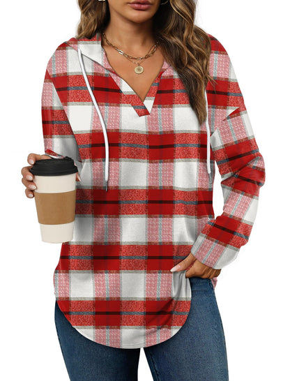 Women's Plaid Fleece V-Neck Hoodie Pullover
