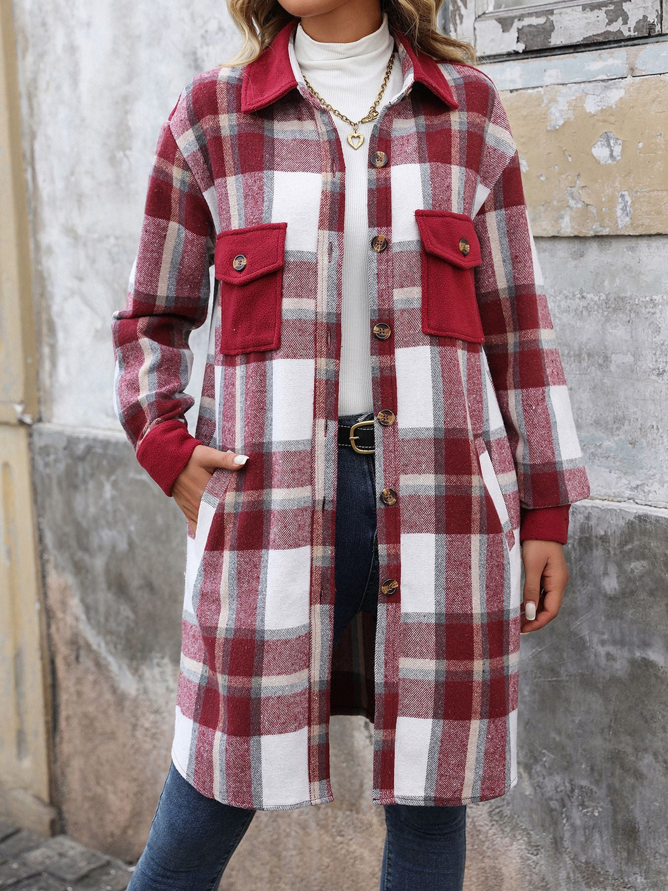 Plaid Shirt Jacket for Women - Long Button Front Coat