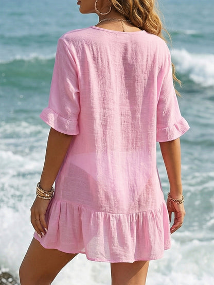 V-Neck Ruffle Button-Front Beach Cover Up Dress