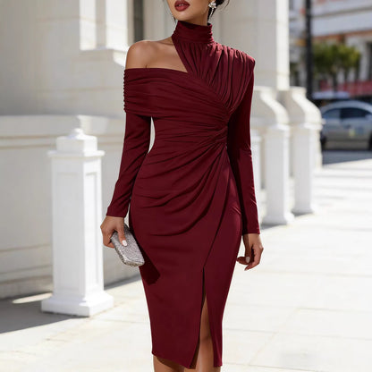 One Shoulder Ruched Long Sleeve Bodycon Slit Midi Dress