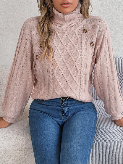 2025 Fall Winter Buttoned Cable Knit Turtleneck Sweater