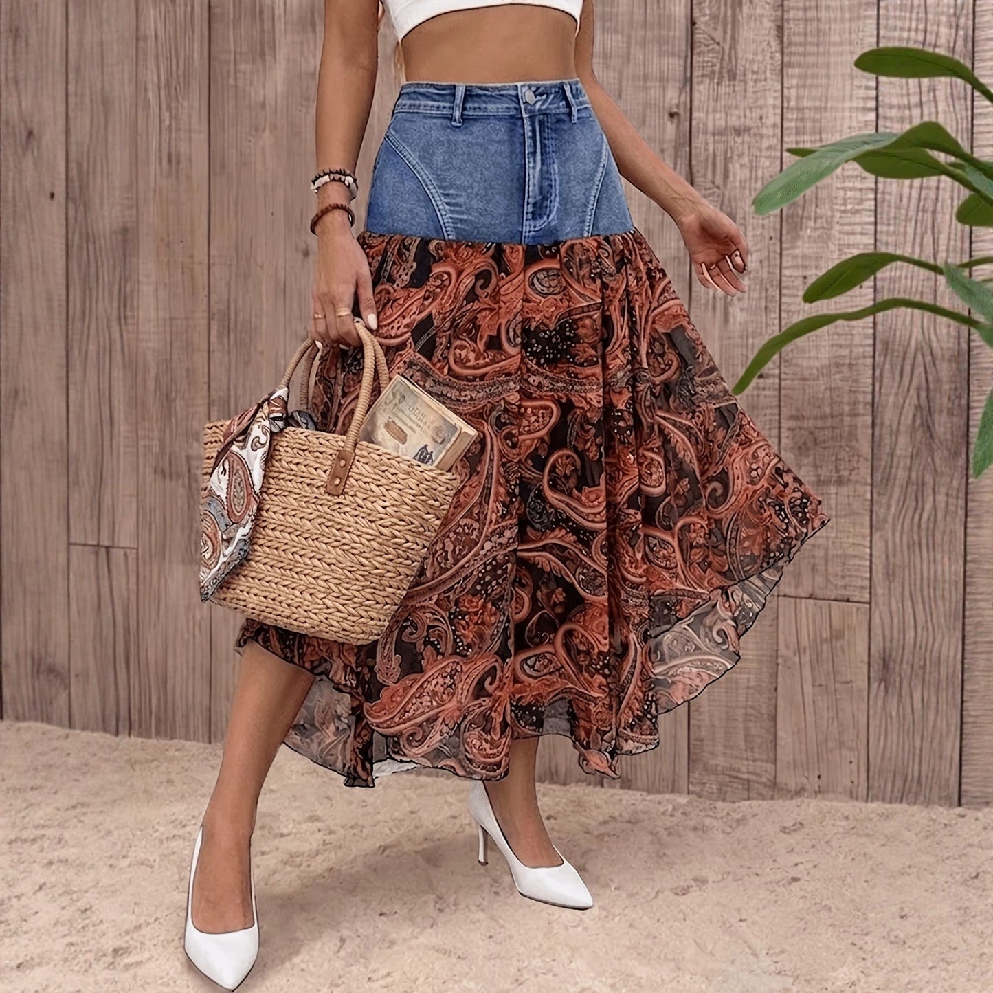 Women's Denim Patchwork Printed Boho Maxi A-Line Skirt