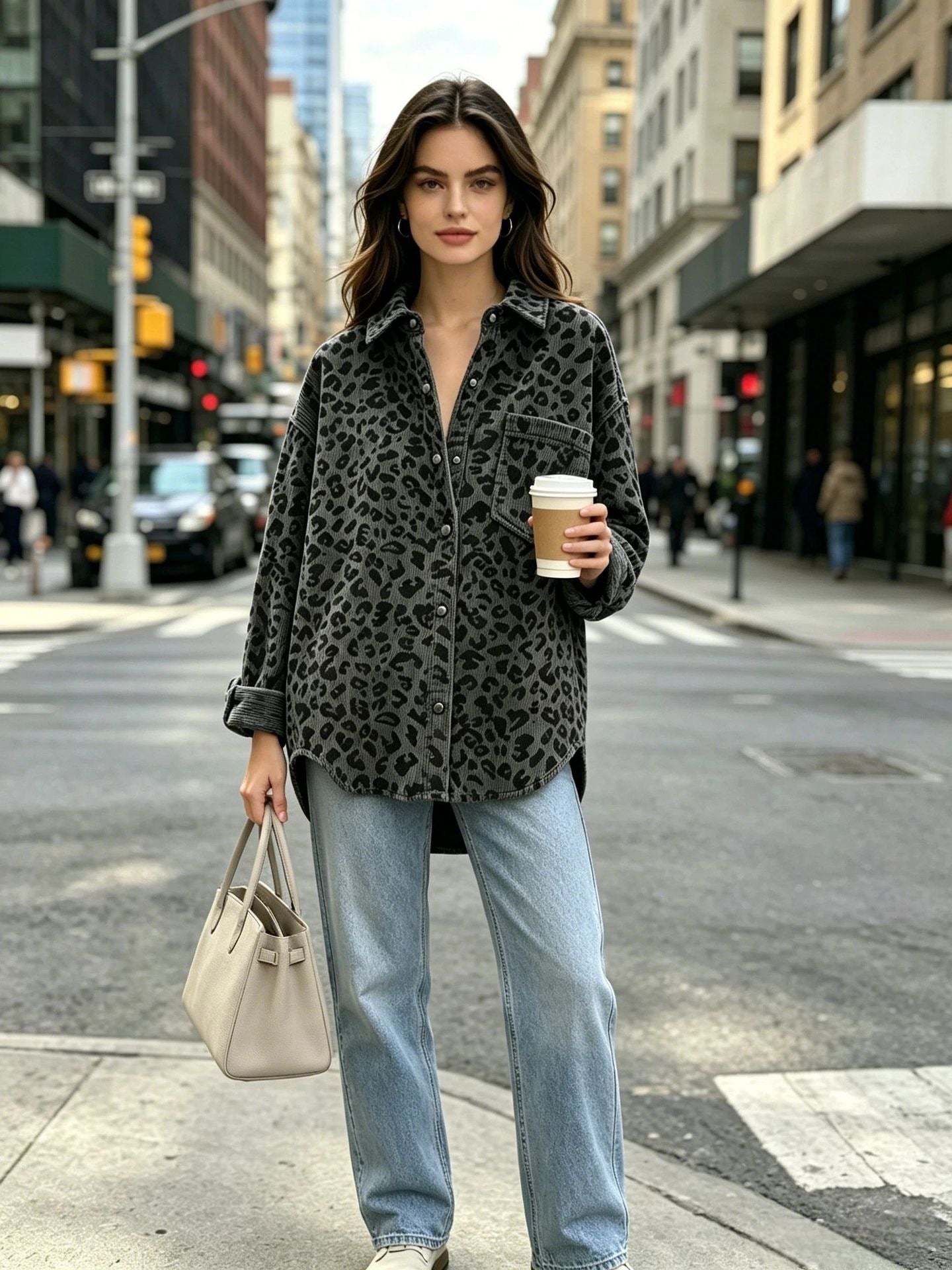 Leopard Print Corduroy Oversized Button Up Shirt