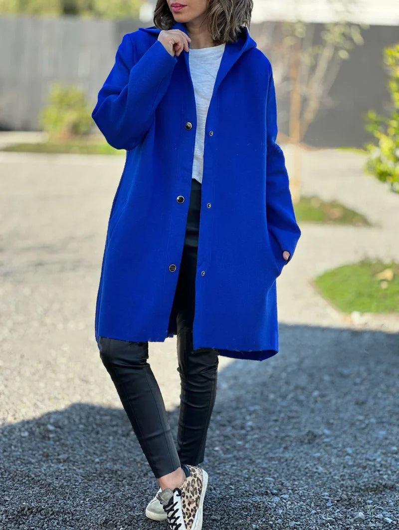 Women's Hooded Wool Coat Oversized Button Front Mid Length