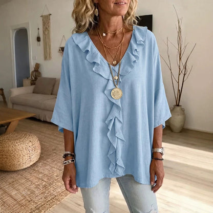 Women's Ruffle V Neck 3/4 Sleeve Casual Blouse Top