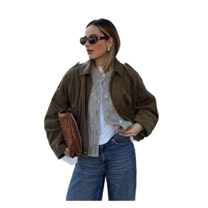 Womens Faux Suede Bomber Jacket Zip Up Collared
