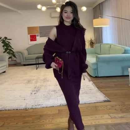 Women's Ribbed Knit Maxi Dress & Cardigan Belted Set