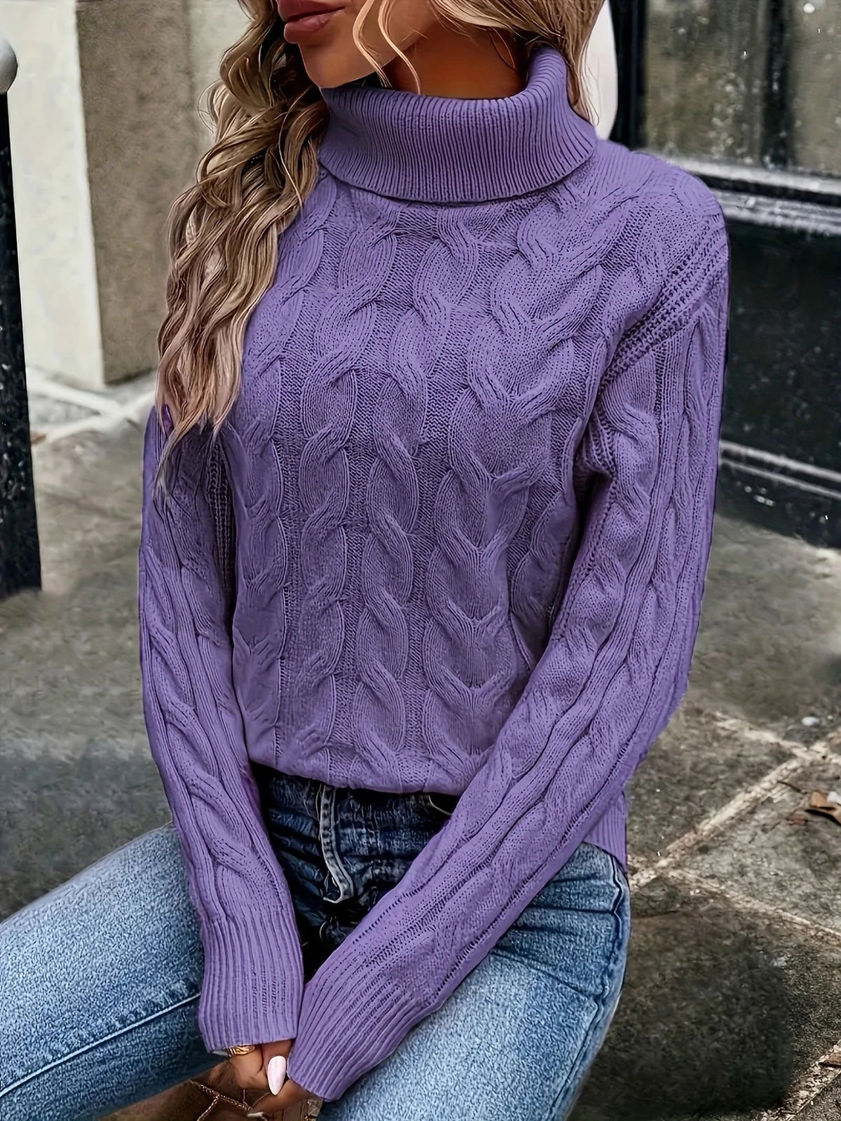 Women's Cable Knit Turtleneck Sweater Long Sleeve
