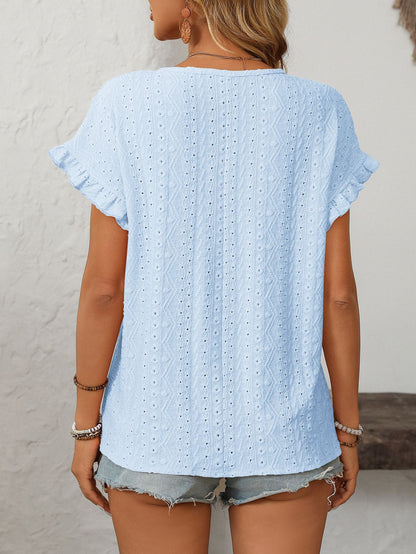 Women’s Eyelet Knit Crewneck Ruffle Sleeve Summer Top