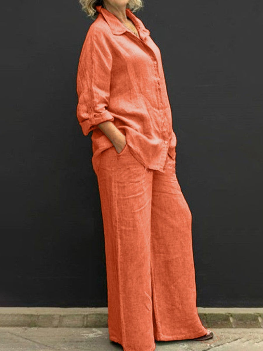 Linen Blend Shirt and Wide Leg Pants Two Piece Set