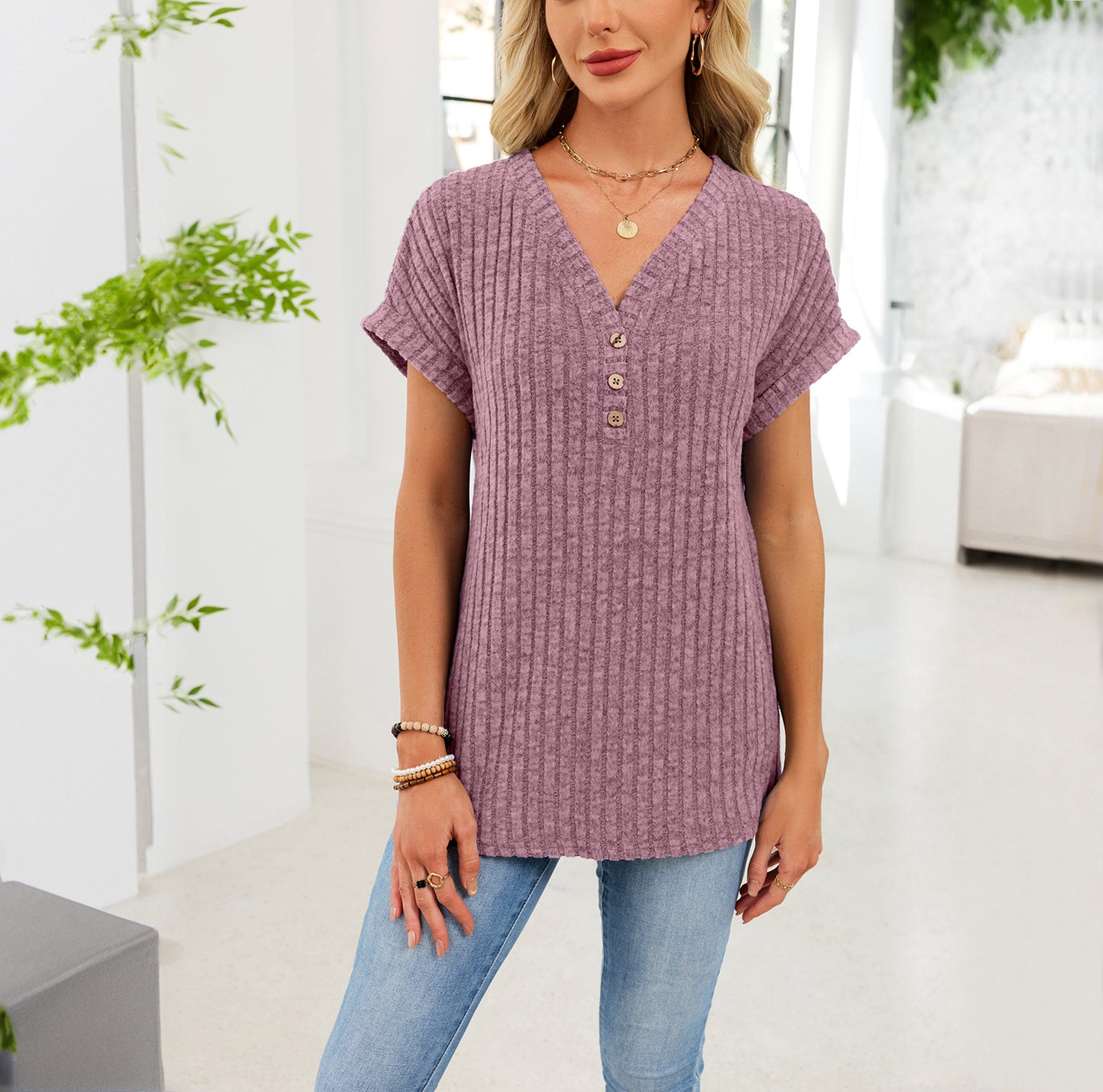 Ribbed Button V-Neck Top – Relaxed Fit Casual Summer Tee