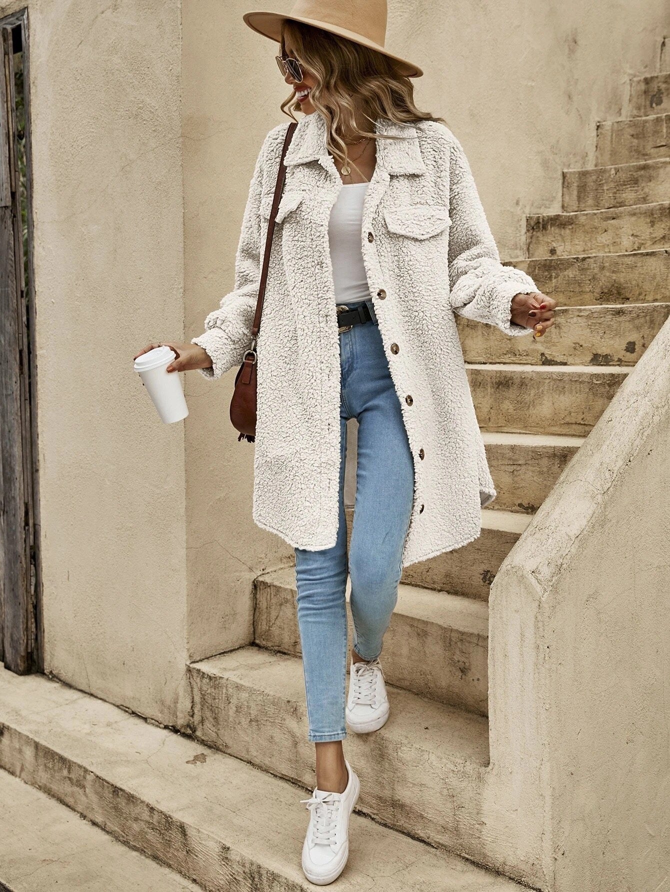 Women's Long Sherpa Jacket Button Down Collared Coat