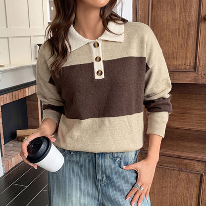 Women's Oversized Color Block Polo Sweater Knit Top