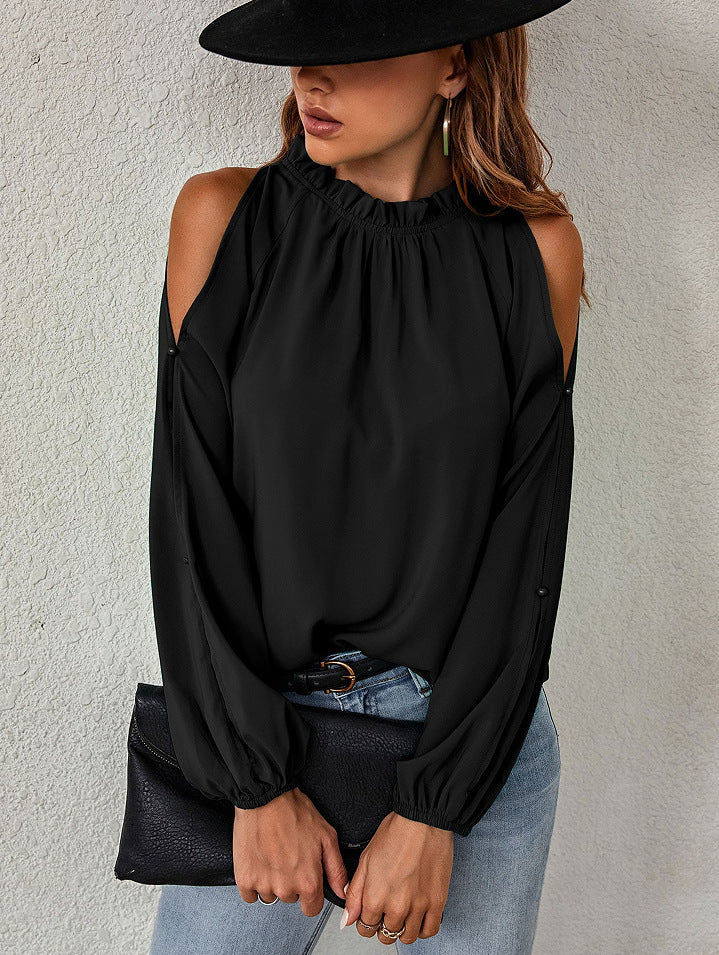 Ruffle Mock Neck Cold Shoulder Chiffon Blouse