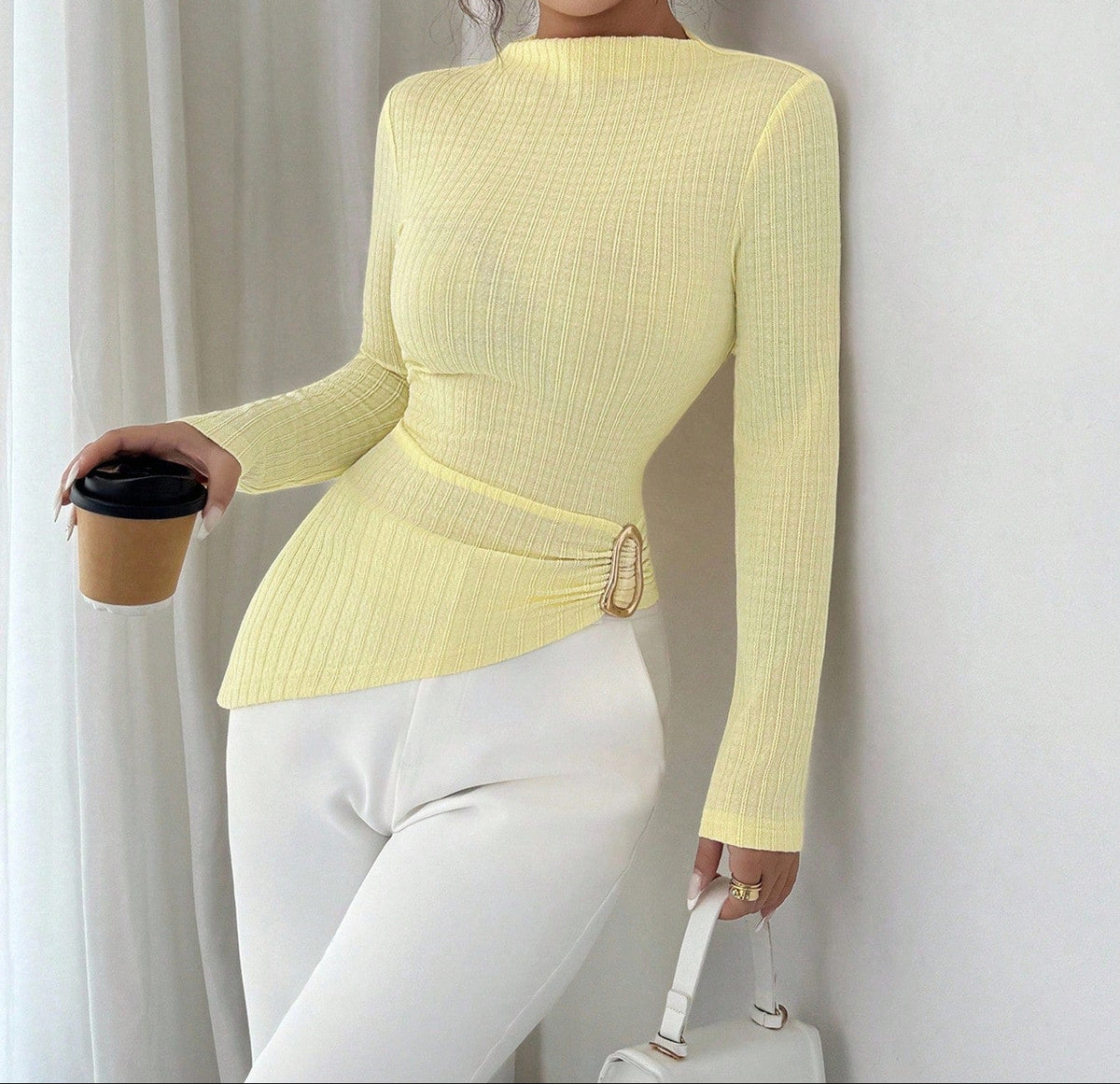 Women's Ribbed Mock Neck Buckle Detail Asymmetric Sweater