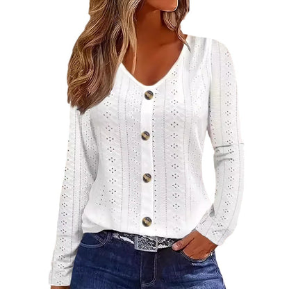 Women's V-Neck Button Jacquard Long Sleeve Top White
