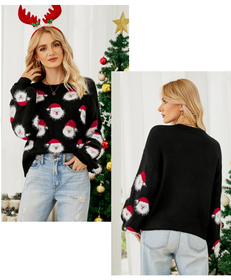 Santa Claus Pattern Knit Christmas Sweater Pullover for Women