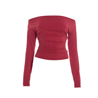 Women's Off Shoulder Ruched Long Sleeve Fitted Crop Top