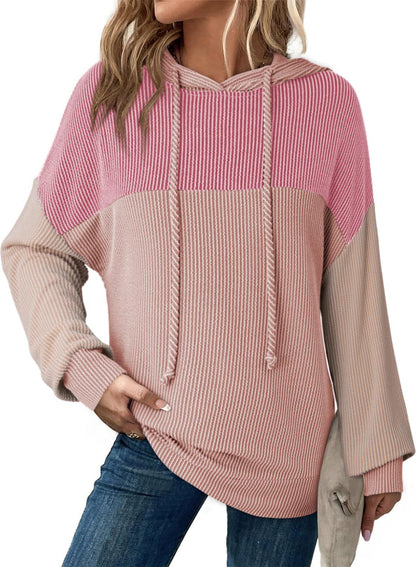 Color Block Ribbed Knit Hoodie Long Sleeve Sweatshirt