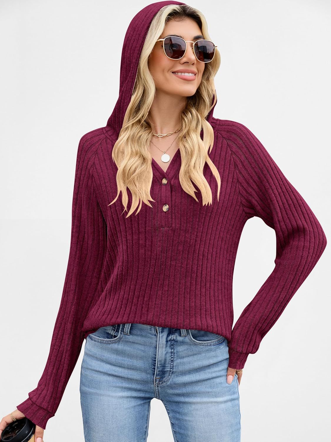 Women's Loose Hooded V Neck Button Ribbed Knit Sweater