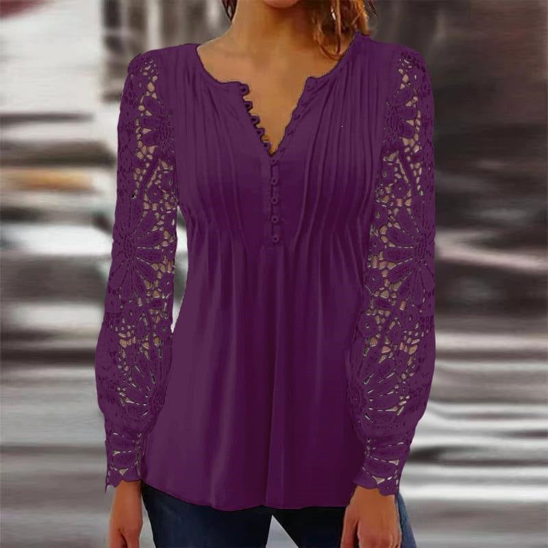 Women's Lace Sleeve Pleated V-Neck Blouse