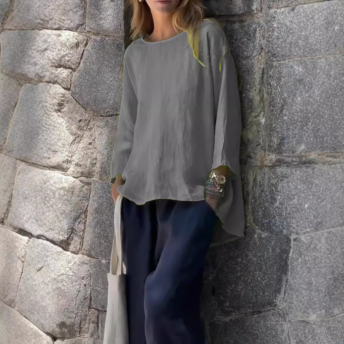 Women's Linen Blend 3/4 Sleeve Loose Casual Blouse Top