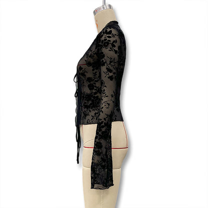 Black Sheer Floral Bell Sleeve Tie Front Crop Top