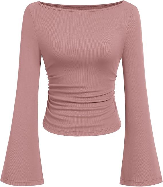Women's Ruched Boat Neck Bell Sleeve Ribbed Top