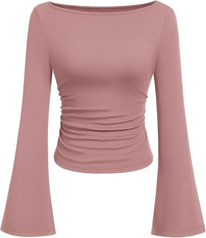 Women's Ruched Boat Neck Bell Sleeve Ribbed Top