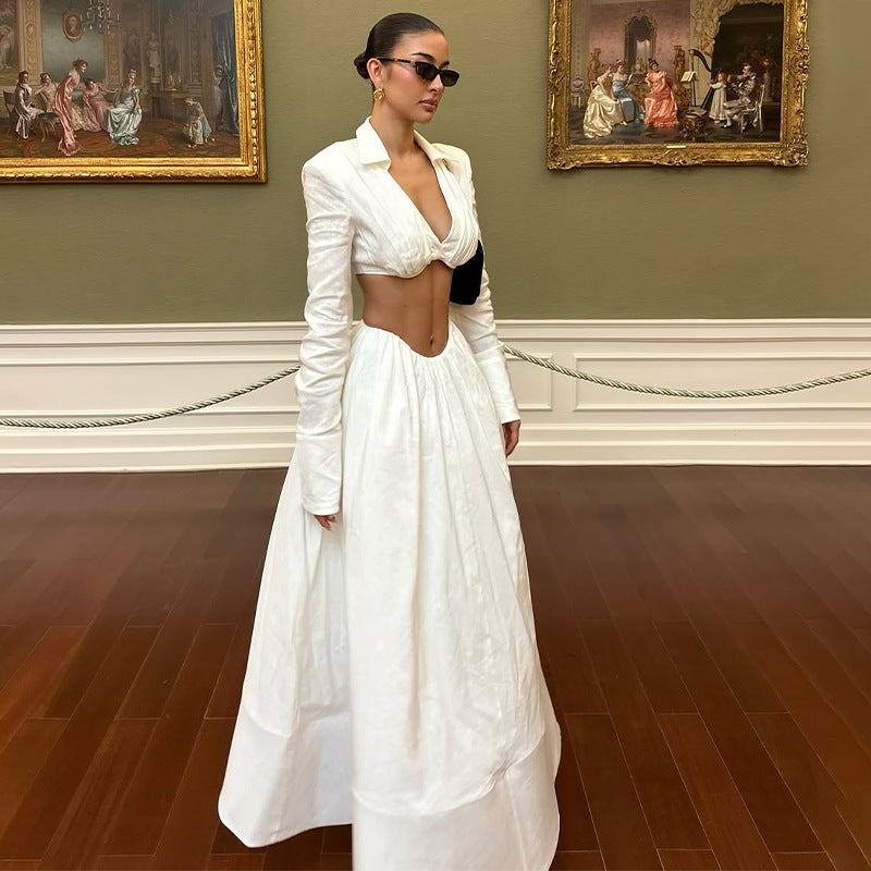 Two Piece Blazer Crop Top Maxi Skirt Set
