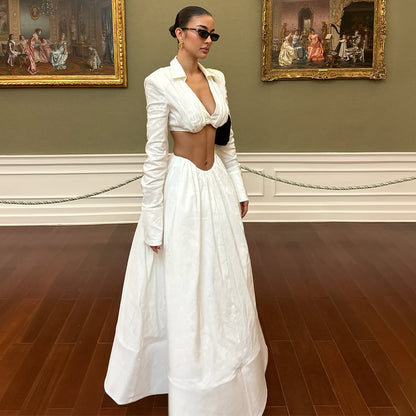 Two Piece Blazer Crop Top Maxi Skirt Set