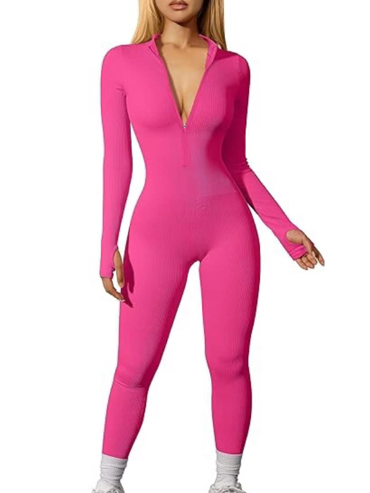 Women's Ribbed Zip Front Long Sleeve Workout Jumpsuit