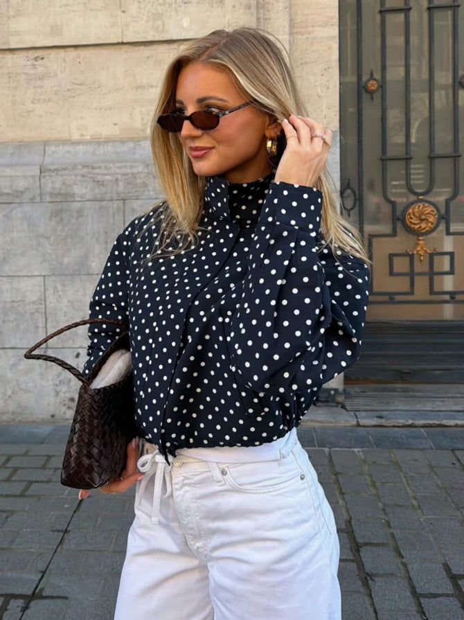 Women Polka Dot Zip Jacket Stand Collar Long Sleeve Pockets