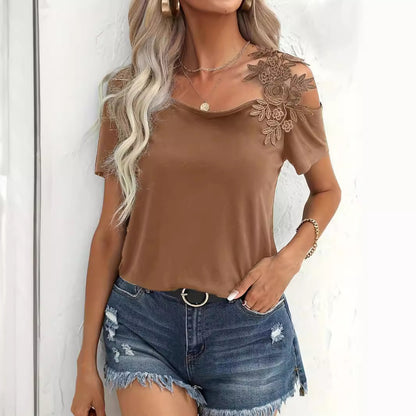 Women's Summer Solid Color Lace Splicing T-Shirt Top