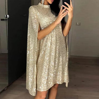 Sequin Cape Mini Dress Mock Neck Glitter Party