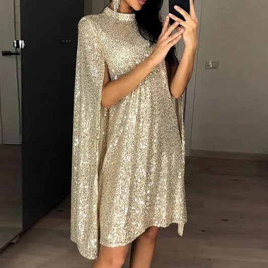 Sequin Cape Mini Dress Mock Neck Glitter Party