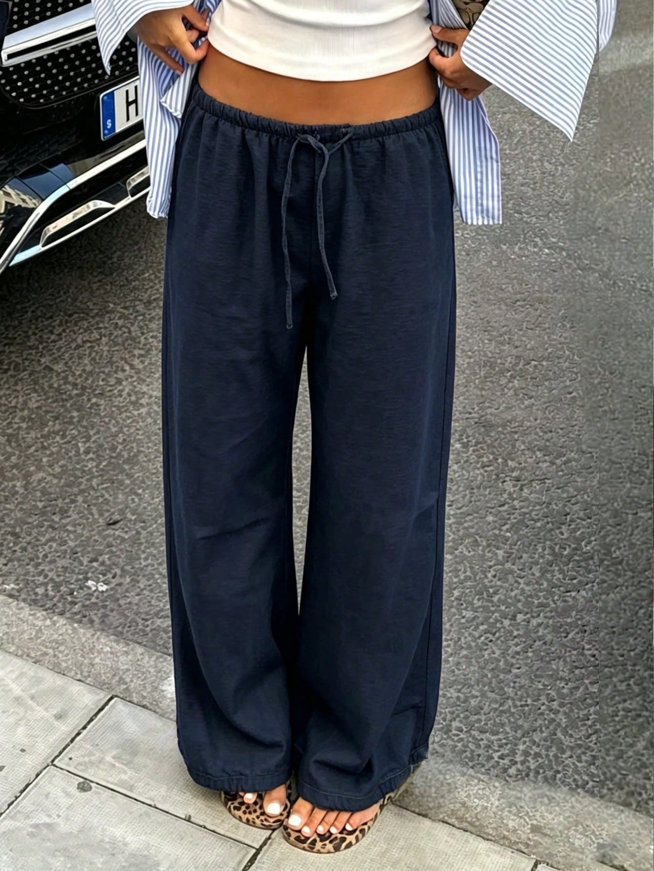 Women Wide Leg Pants Drawstring Elastic Waist Pockets