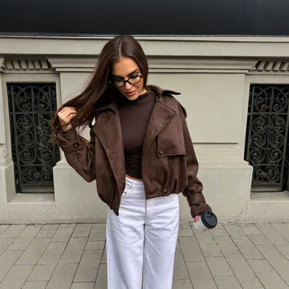 Women's Vintage Cropped Faux Suede Lapel Jacket