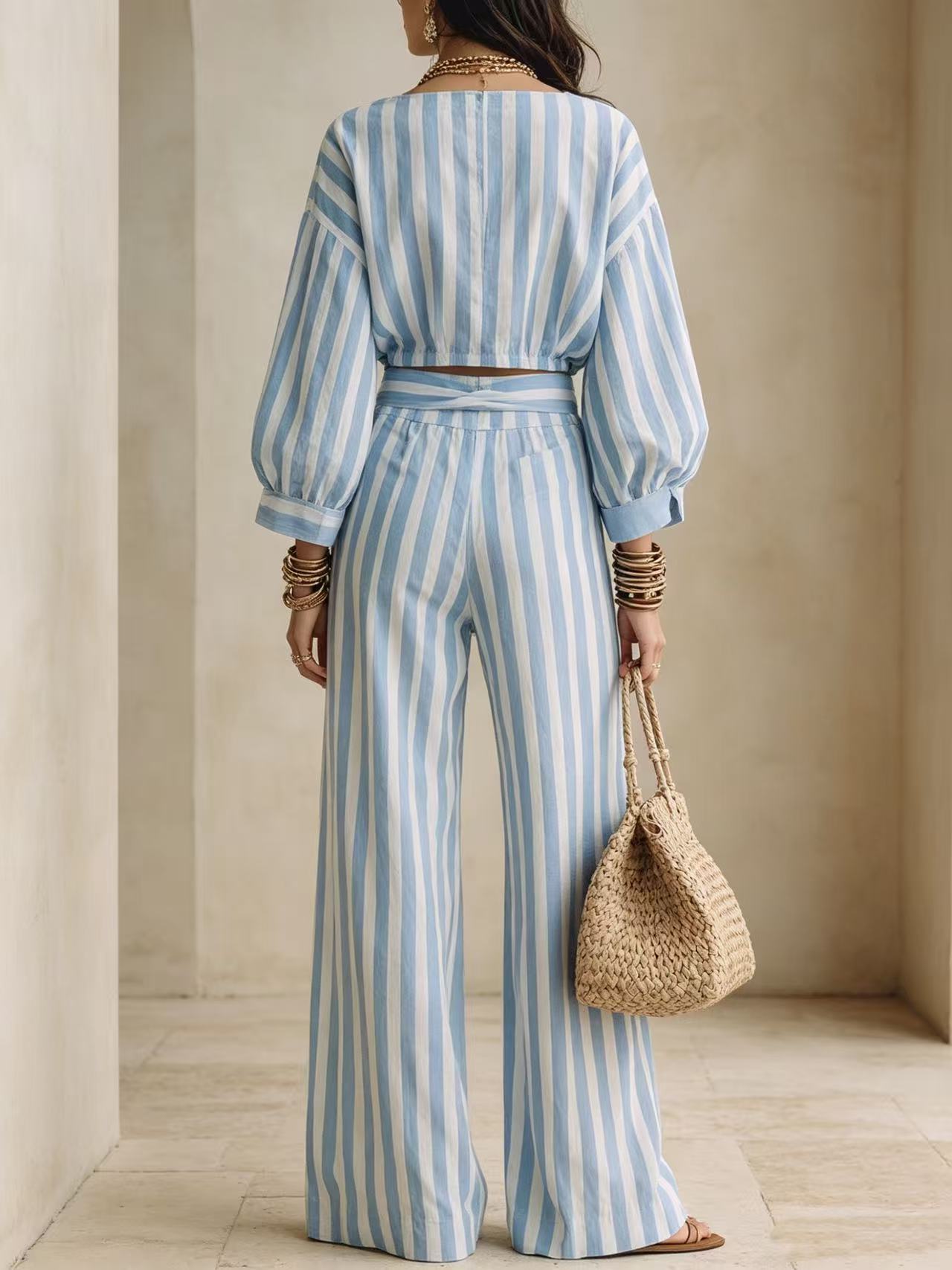 Striped Two Piece Crop Top Wide Leg Pants Set