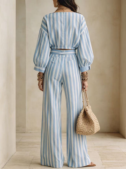 Striped Two Piece Crop Top Wide Leg Pants Set
