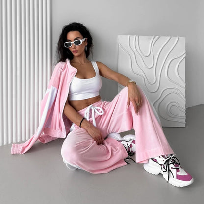Velvet Tracksuit Color Block Zip Jacket Pants Set