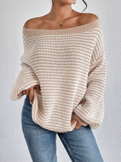 Women's Off Shoulder Striped Oversized Pullover Sweater