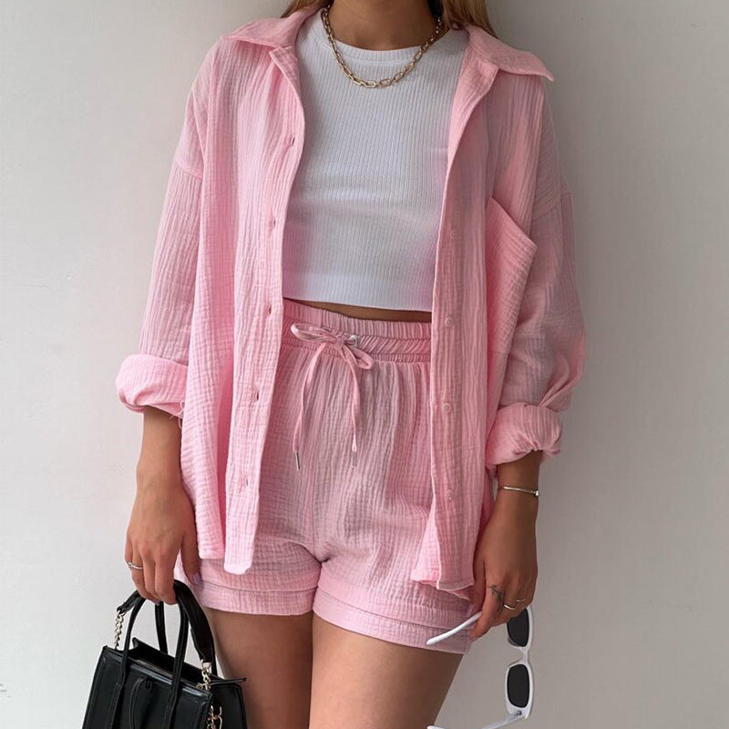Women's Textured Shirt & Drawstring Shorts Matching Set