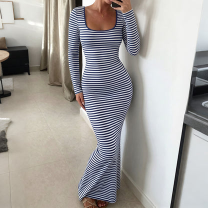 Square Neck Striped Long Sleeve Bodycon Maxi Dress