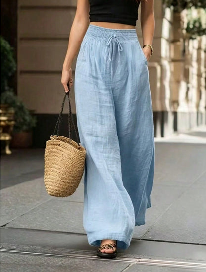 Women's Smocked High Waist Linen Blend Wide Leg Pants