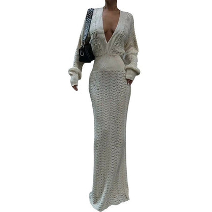 Crochet Deep V Neck Long Sleeve Maxi Dress Bodycon