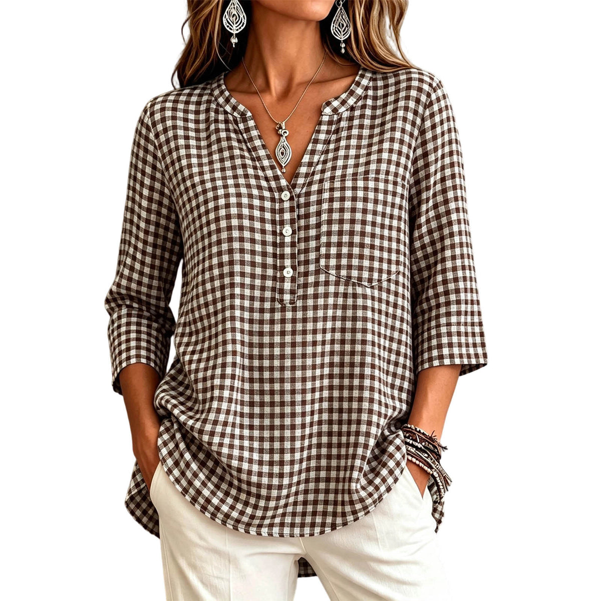 Women's Gingham V Neck 3/4 Sleeve Loose Casual Blouse